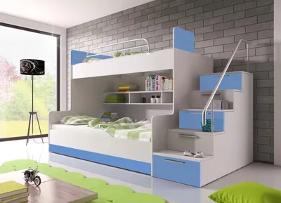 Produktbild von Etagenbett TOMI 2 , Doppelstockbett Hochglanz Kinderbett Hochbett , MIT Matratze und Lattenrost (Weiss / Blau )