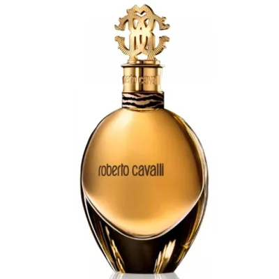 A gold perfume bottle with a decorative gold cap and a black and white tiger print band around the neck.