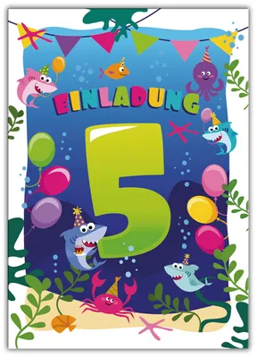 12 Einladungskarten zum 5. Geburtstag, Hai-Motiv