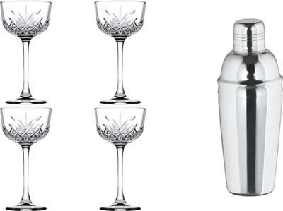 Produktbild von James Cooke, Nick & Nora Cocktailset, 5 teilig, 4 Cocktailgläser 16 cl + 1 Shaker  0,7 Liter Edelstahl