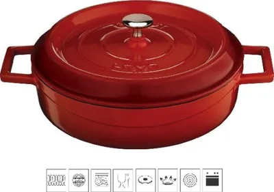 A red enameled cast iron pot with a lid and handles, shown from a slightly elevated front-left angle on a white background. Below the pot are several small icons representing product features or compatibility.