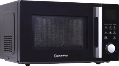 A black microwave oven with a silver handle and control panel is shown against a white background.
