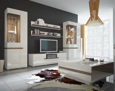 Produktbild von Moderne Anbauwand mit Couchtisch und Beleuchtung in weiß Hochglanz und Trüffel Eiche Nb., LEGNICA-129