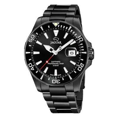 A black Jaguar professional diver watch with a metal band, shown from a front-facing angle against a white background.