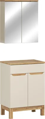 Produktbild von Badmöbel-Set 2-teilig mit 60 cm Waschtischschrank & Spiegelschrank in kaschmir und Eiche, modern grifflos - SOLNA-56-CASHMERE