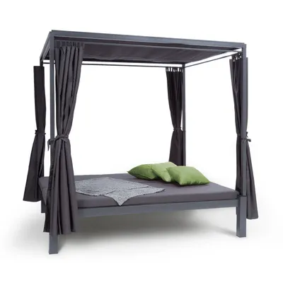 Produktbild von blumfeldt Senator Lounge - Doppel-Gartenliege mit Sonnendach, Lounge-Pavillon, 188 x 208 x 205 cm, komfortable Polsterung, Sichtschutz-Vorhänge, wasserfest, Stahlrahmen, max. 350 kg, grau