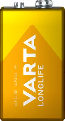 A Varta Longlife 9V alkaline battery is shown against a white background.