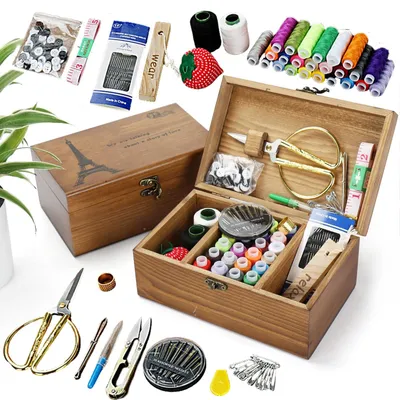 Obrázok produktu pre Omgoods – Drevený šijací box – Prenosný šijací box s kompletným príslušenstvom na šitie, vhodný na domáce použitie aj na cestovanie