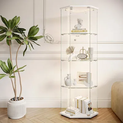 Produktbild von Glasvitrine Standvitrine 4 Etagen 1 Tür mit Schloss und LED Weiß Fünfeckig