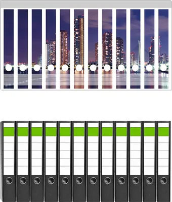 Produktbild von Wallario 12 Stück schmale Ordner inkl. Klebeetiketten mit Motive Tokyo- Skyline bei Nacht -  Set mit Rückenschildern / Ordnerrücken Stickern