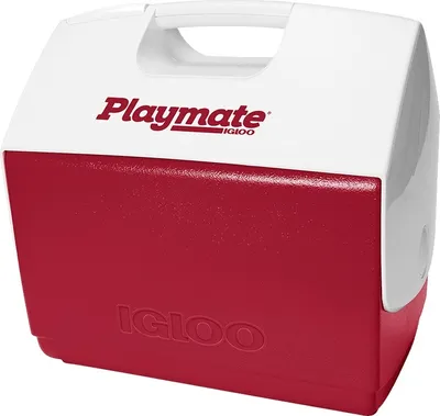 A red and white Igloo Playmate Elite cooler.