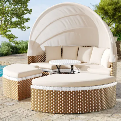 Produktbild von Merax Gartensofa mit Sonnendach, Gartenlounge-Set aus Polyrattan für 5 Personen, 4-tlg. Gartenmöbel Set mit hebbarem Tisch, Sonneninsel umbaubar Beige
