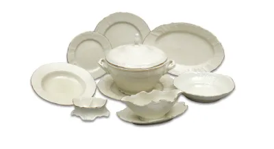 Image de Service de table en porcelaine, rayures dorées, ivoire, Thun, 25 pièces