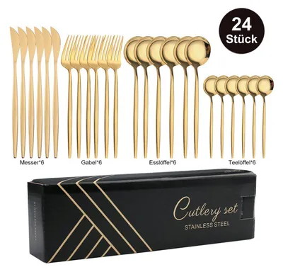 A set of gold-colored cutlery arranged in groups, with a black box below.