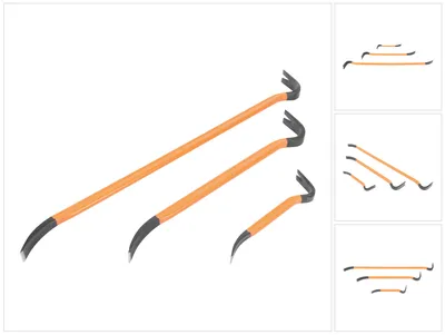 Three crowbars of varying sizes are laid out diagonally on a white background.