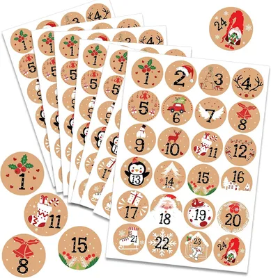 Imagen del producto de Calcomanías para calendario de adviento (números del 1 al 24) - Juego de 192 - Calcomanías de números de color kraft para Navidad