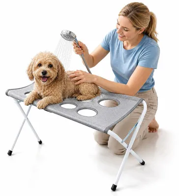 Produktbild von Faltbarer Hunde Pflegetisch & Badetisch mit Mesh Hängematte,Grooming Ständer für Hunde&Katzen,stabiler Metallrahmen,ideal für Krallen schneiden&Baden