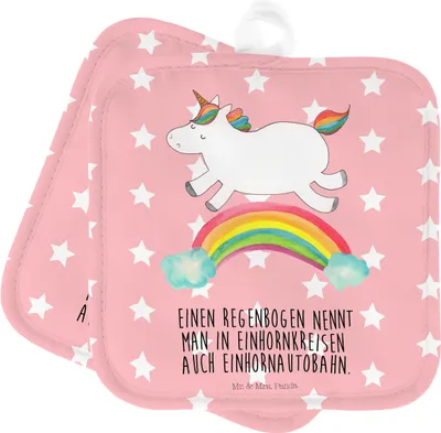 Produktbild von Mr. & Mrs. Panda Kochlappen Einhorn Regenbogen - Rot Pastell - Geschenk, Topflappen Set, Erwachsenwerden, topfhalter, Glitzer, Einhornpower, Doppel, Unicorn