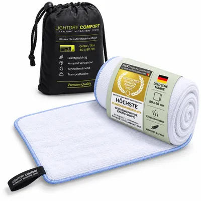 Productafbeelding van LightDRY microvezel handdoek, reis handdoek voor sport, fitness, kamperen en wandelen, extra absorberend en antibacterieel, wit, 40x80 cm, inclusief tas