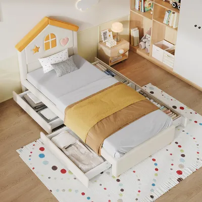 Immagine prodotto di Letto per bambini 90x200 cm, modello a casetta con testiera imbottita, dotato di 4 cassetti e rivestito in velluto francese, ideale per la cameretta dei bambini