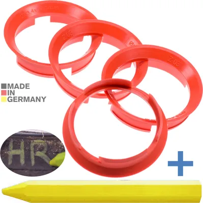 Produktbild von 4X Zentrierringe 63,4 x 57,1 mm Rot Felgen Ringe + 1x Reifen Kreide Fett Stift