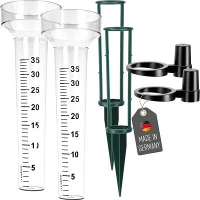 Produktbild von 2 Stück Regenmesser mit Erdspieß und Halter im Set Behälter Regenwassermessung Gartenbewässerung Niederschlagsmesser Kunststoff Garten Außenbereich