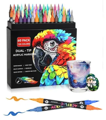 Produktbild von Acrylstifte Set 60 Stück, 120 Farben, Doppelspitze, Wasserfest, für Holz, Glas, Leinwand