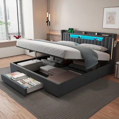 Produktbild von okwish Jugendbett 180×200 mit Seitentaschen und Schubladen, Polsterbett mit LED und Bettkasten, Funktionsbett in Grau,ohne Matratze