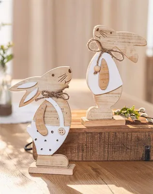 Produktbild von 2x Dekofigur "Hase" aus recyceltem Holz, 24 cm hoch, Osterhase, Osterdeko, Holzdeko, Osterfigur