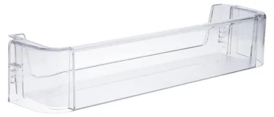 A clear, studio shot of a transparent plastic refrigerator shelf.