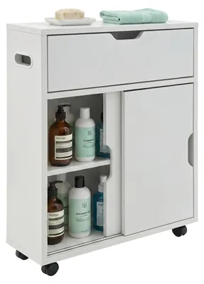 Image de Relaxdays, meuble d'appoint avec 4 compartiments, 2 portes coulissantes et 1 porte rabattante, dimensions (H x L x P) : 67 x 17 x 52 cm, idéal pour la salle de bain, en MDF, sur roulettes, de couleur blanche