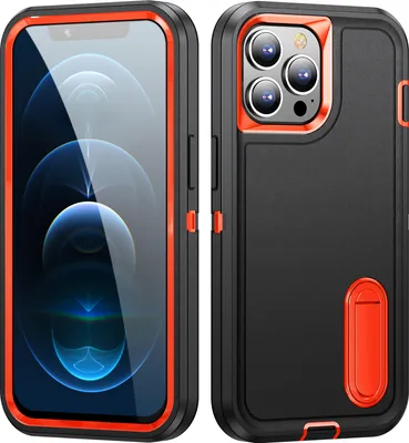 Produktbild von Hülle für iPhone 12 / 12 Pro Hybrid Dreilagige Robust Stoßfest Schwerlast Schutzhülle mit Ständer Schwarz Orange