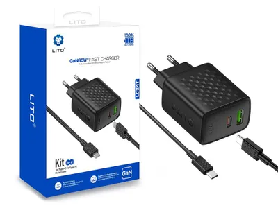 Zdjęcie produktu dla Lito Charger LC24T ładowarka (kabel USB-C USB-C USB, PD65W, EU) - czarna