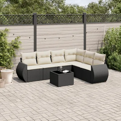 Produktbild von Design 7-tlg. Garten-Sofagarnitur mit Kissen Schwarz Poly Rattan, Gartenmöbel-Sets 2024 Neu