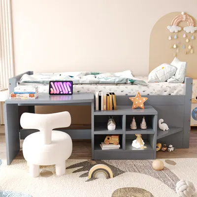 Immagine prodotto di Letto per bambini Abrihome 90x200 cm con scrivania e contenitori – Letto singolo in legno con scaletta e contenitori, grigio