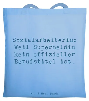 Produktbild von Mr. & Mrs. Panda Schultasche Spruch Sozialarbeiterin Heldin - Sky Blue - Geschenk, Laptoptasche, großes Herz, Berufsalltag, Uni Tasche, Shopping, Berufsliebe, Engagement