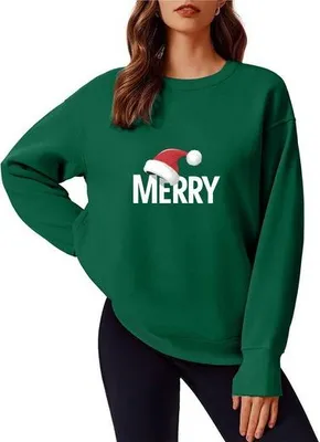 Produktbild von Weihnachtspullover Merry Christmas Sweatshirt Weihnachtsbaum Druck Xmas Pullover Langarmshirt Bluse,Grün, Damen, S