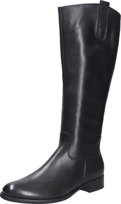 A black leather boot on a white background.