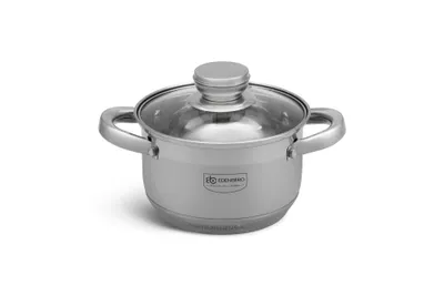 A single stainless steel pot with a glass lid, isolated on a white background.