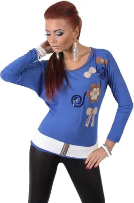 Produktbild von Damen Langarm Bluse Tunika Shirt Pullover mit Pailletten; Blau/S/M