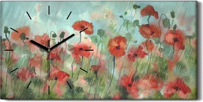 Produktbild von Wanduhr Bürouhr Leinwand Bild 60x30 Gemälde Blumen Pflanzen Mohnblumen Regen - schwarze Hände