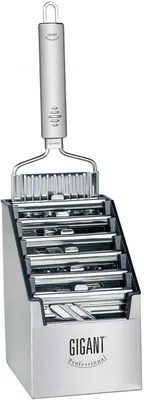 A stainless steel vegetable slicer with multiple blades stored in a multi-box.