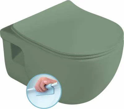 A green matte wall-mounted toilet with a closed lid. A circular inset shows a hand demonstrating a feature.