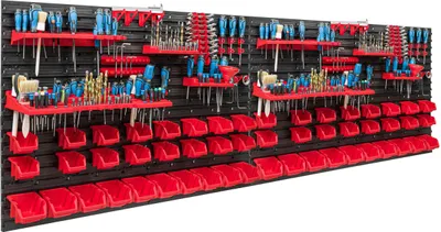 Zdjęcie produktu dla System magazynowy Regał warsztatowy | 230 x 78 cm | 52 szt. Pudełko | Regał ścienny z uchwytami na narzędzia i pojemnikami do układania w stosy - Płyty ścienne Bardzo wytrzymały regał z przegródkami Ściana perforowana Regał magazynowy Regał garażowy