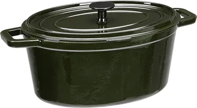 Produktbild von amzBASICS Premium Emaillierter Gusseisen-Bräter oval 5,9 l bis 204° Celsius ofenfest - Dunkelgrün