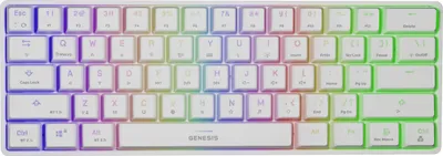 A top-down view of a white keyboard with RGB backlighting.