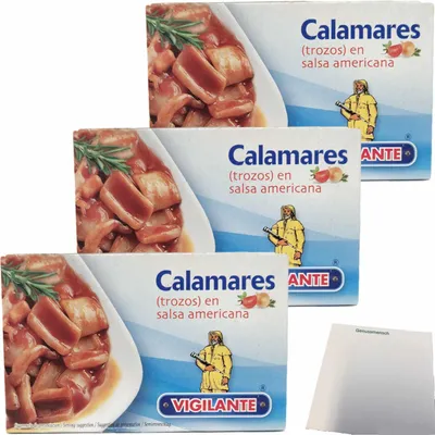 Produktbild von Vigilante Calamares, Tintenfisch (Stücke) in amerikanischer Soße 3er Pack (3x115g Dose) + usy Block