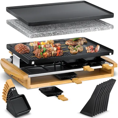 Produktbild von KESSER® Raclette-Grill mit Naturgrillstein, Grillplatte Tischgrill für 8 Personen, Elektrogrill Raclette Grill antihaftbeschichteter Grillplatte, 8 Pfannen und Holzspatel 1200W