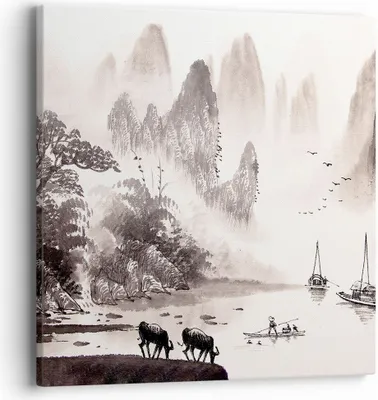 Produktbild von Bild auf Leinwand - Leinwandbild - Einteilig - Chinesisch Landschaft Aquarell - 40x40cm - Wand Bild - Wanddeko - Wandbilder - Leinwanddruck - Bilder - Wanddekoration - Leinwand bilder - AC40x40-4265