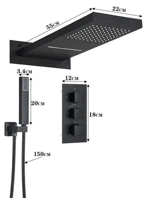 Obrázek produktu pro Sada sprchové baterie – termostatická sprchová armatura do omítky – sprcha s déšťovým proudem a vodopádem – nerezová ocel 304 – sprchová hlavice 30–40 cm – matná černá barva